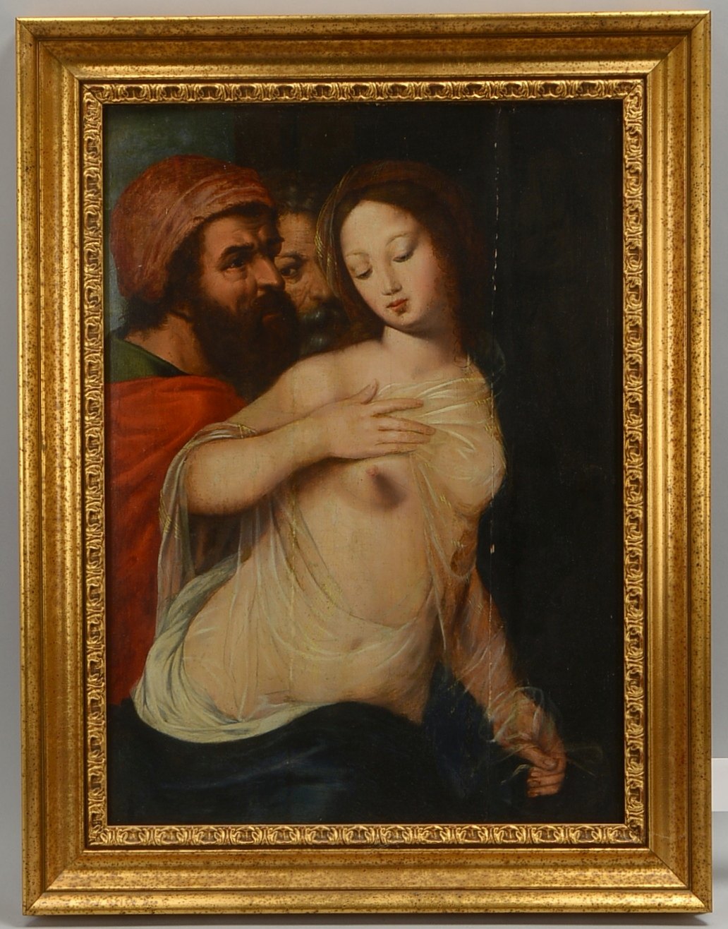 Gemälde, 'Susanna und die beiden Alten', Öl auf Holz/ger., unsigniert (restauriert)