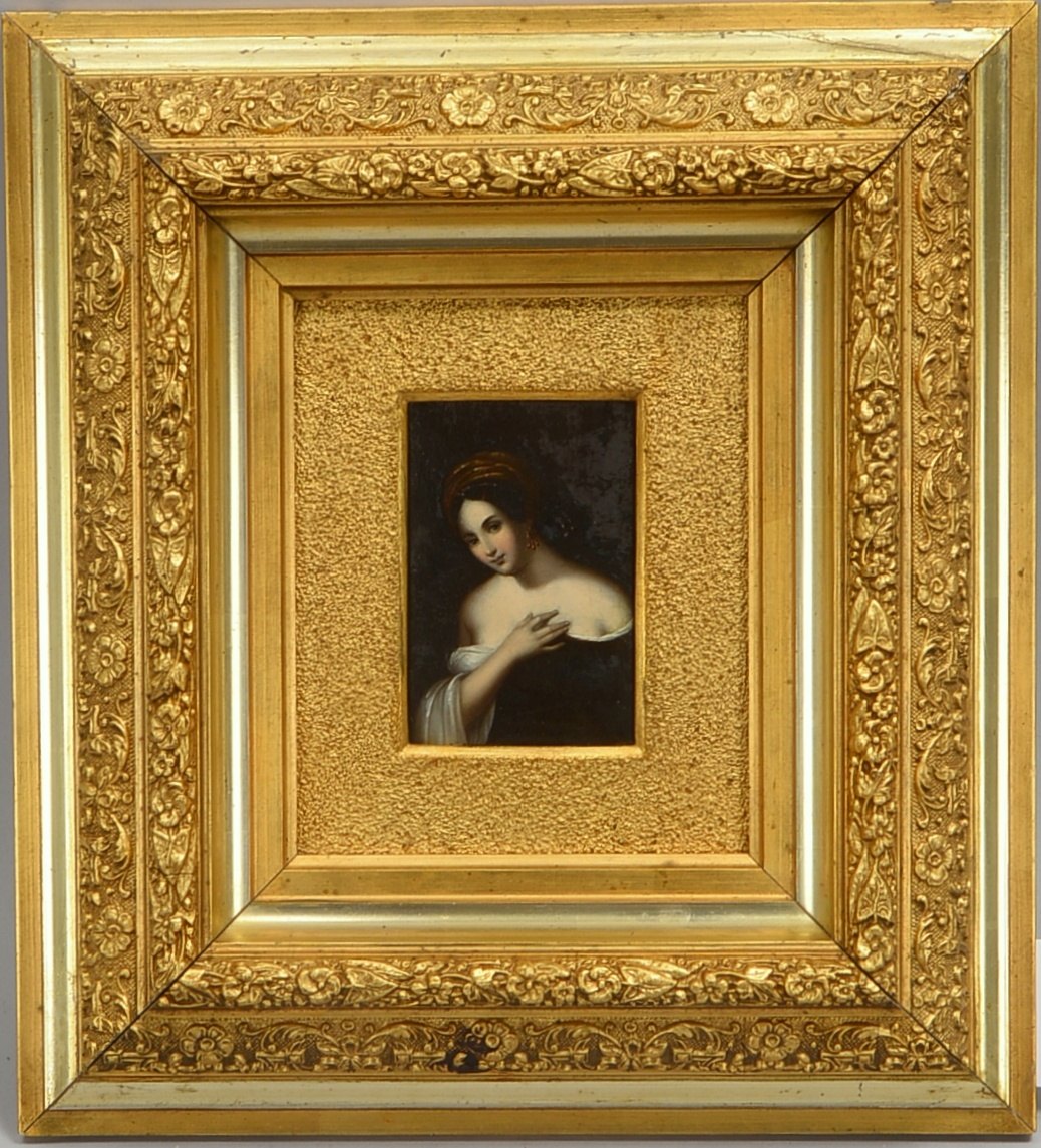 Gemälde (um 1800), 'Portrait...', feine Malerei auf Holz, unsign., im Prunkrahmen