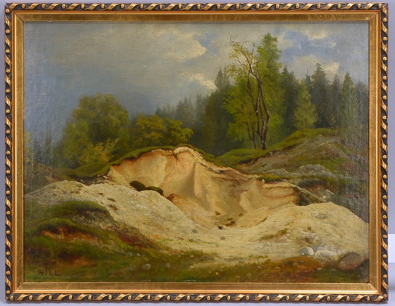 Gemälde, 'Sandkuhle in Landschaft', Öl/Lw, auf Platte/ger., sign. 'Hill'; Bildmaße 38 x 50 cm