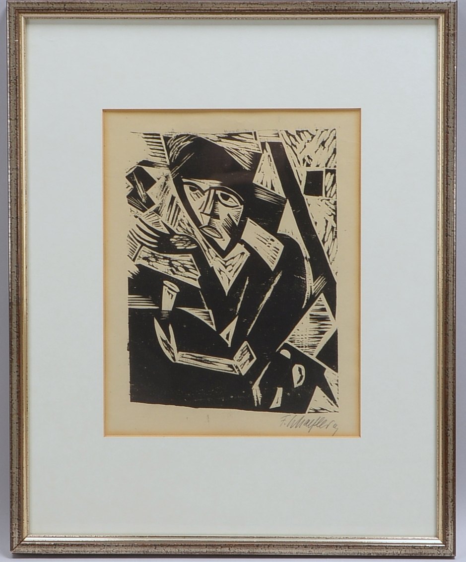 Schaefler, Fritz (1888 Eschau - 1954 Köln), 'Frau am Tisch', Holzschnitt, sign., hinter Glas; Rahmen
