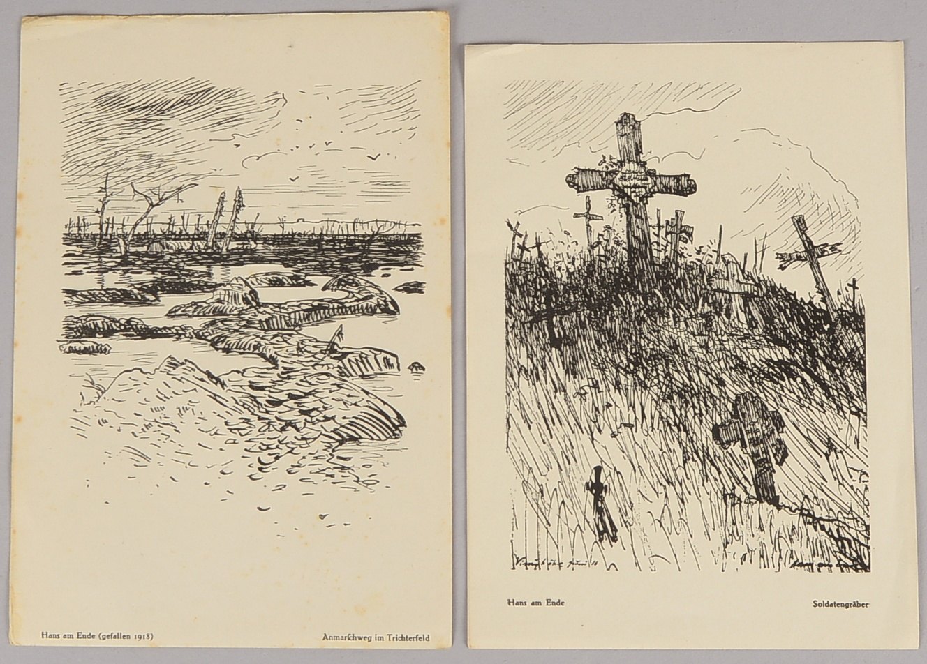 am Ende, Hans, 2 Lithogr./Lichtdrucke: 'Soldatengräber', und 'Anmarschweg im Trichterfeld'
