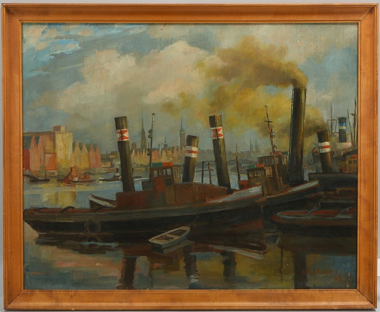 Borchers, Heinz, 'Dampfschlepper auf der Weser', Öl auf Hf/gerahmt, sign./dat. (19)'48'