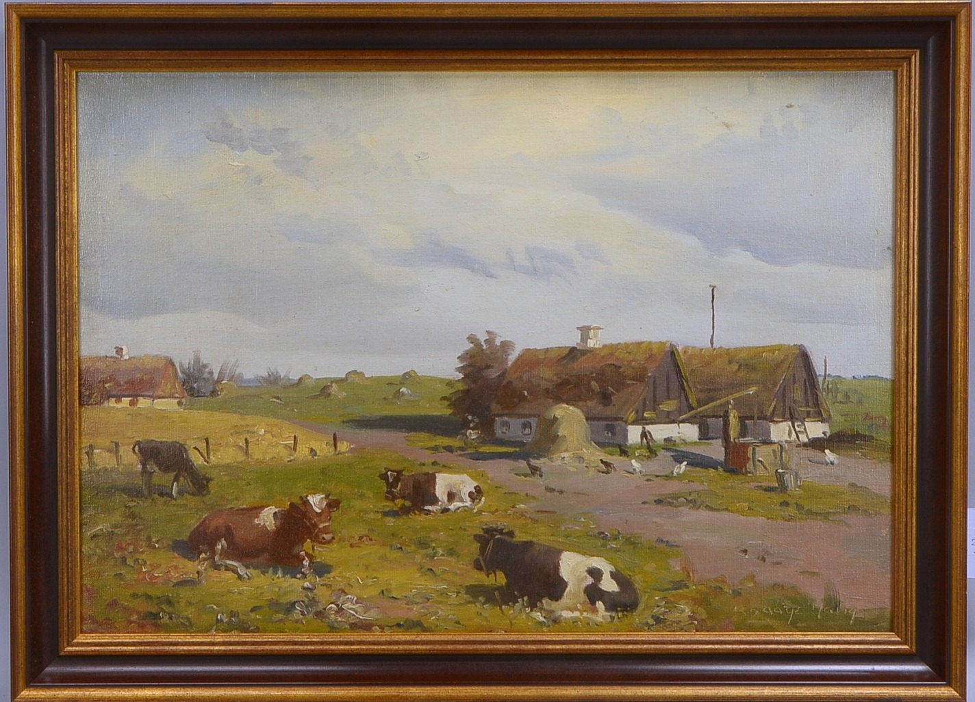 Gemälde, 'Bäuerliches Idyll mit Kühen', Öl/Lw, unten rechts sign.; Rahmenmaße 53 x 73 cm