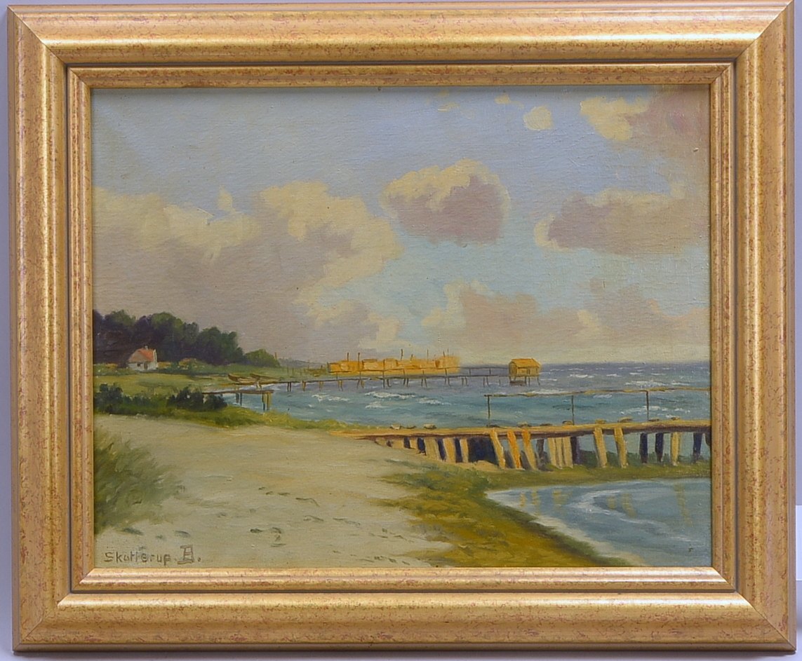 Skotterup, A.J.(-?), 'Dänische Uferlandschaft mit Stegen', Öl/Lw, Rahmenmaße 47 x 57 cm