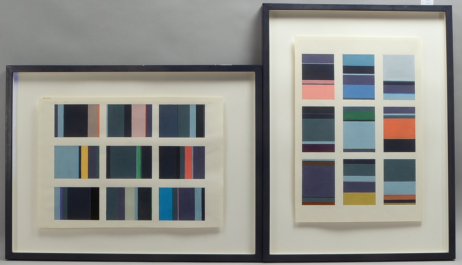 2 mod. 'Farbkompositionen', Gouache auf Papier, jeweils unsigniert, hinter Glas