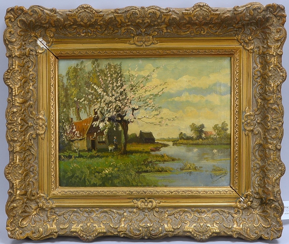 Gemälde, 'Niederländ. Uferlandschaft mit Kate', Öl/Lw, sign.; Rahmenmaße 50 x 60 cm