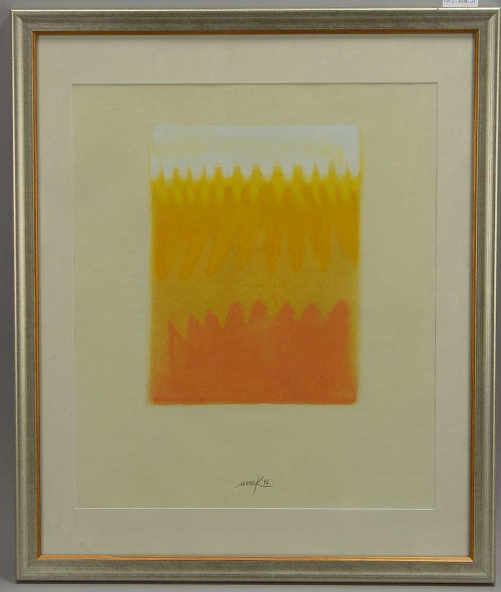 Mack, Heinz, 'Moderne Kompos. in Gelb/Orange', Offsetdruck, sign., hinter Glas