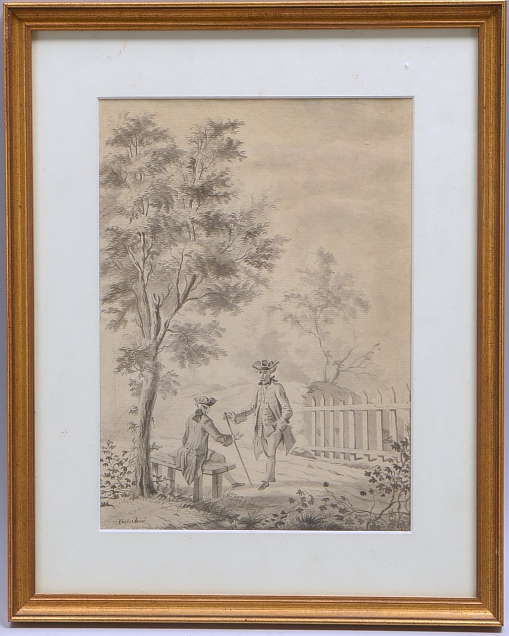 Roué, Victor, 'Das Gespräch', Tuschezeichn., sign., hinter Glas; Rahmenmaße 41 x 33 cm