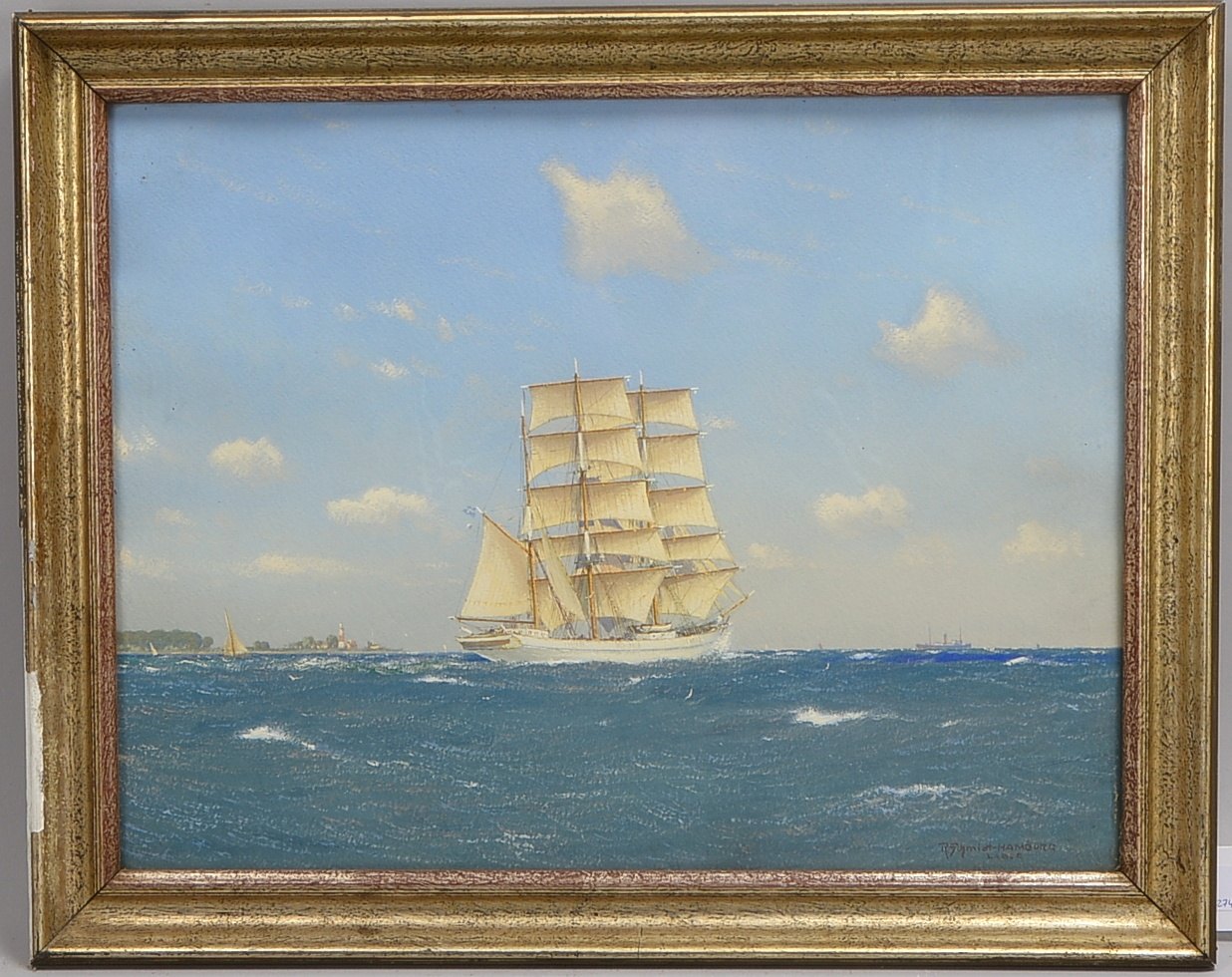 Schmidt-Hamburg, R., 'Dreimaster vor Kieler Förde', Gouache, sign., verso dat., hinter Glas