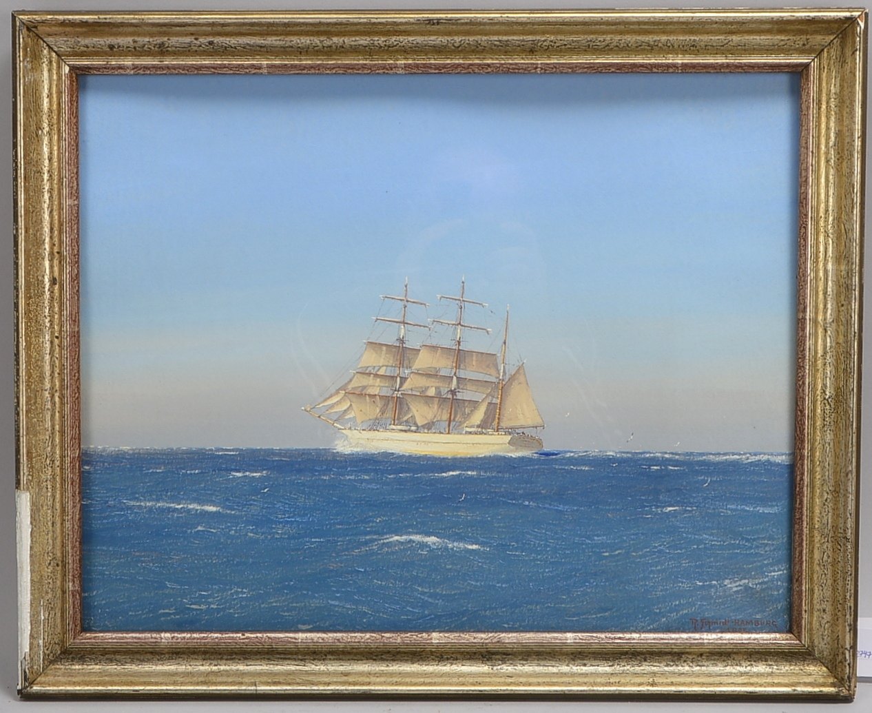Schmidt-Hamburg, R., 'Dreimaster auf der Ostsee', Gouache, sign., verso bet., hinter Glas