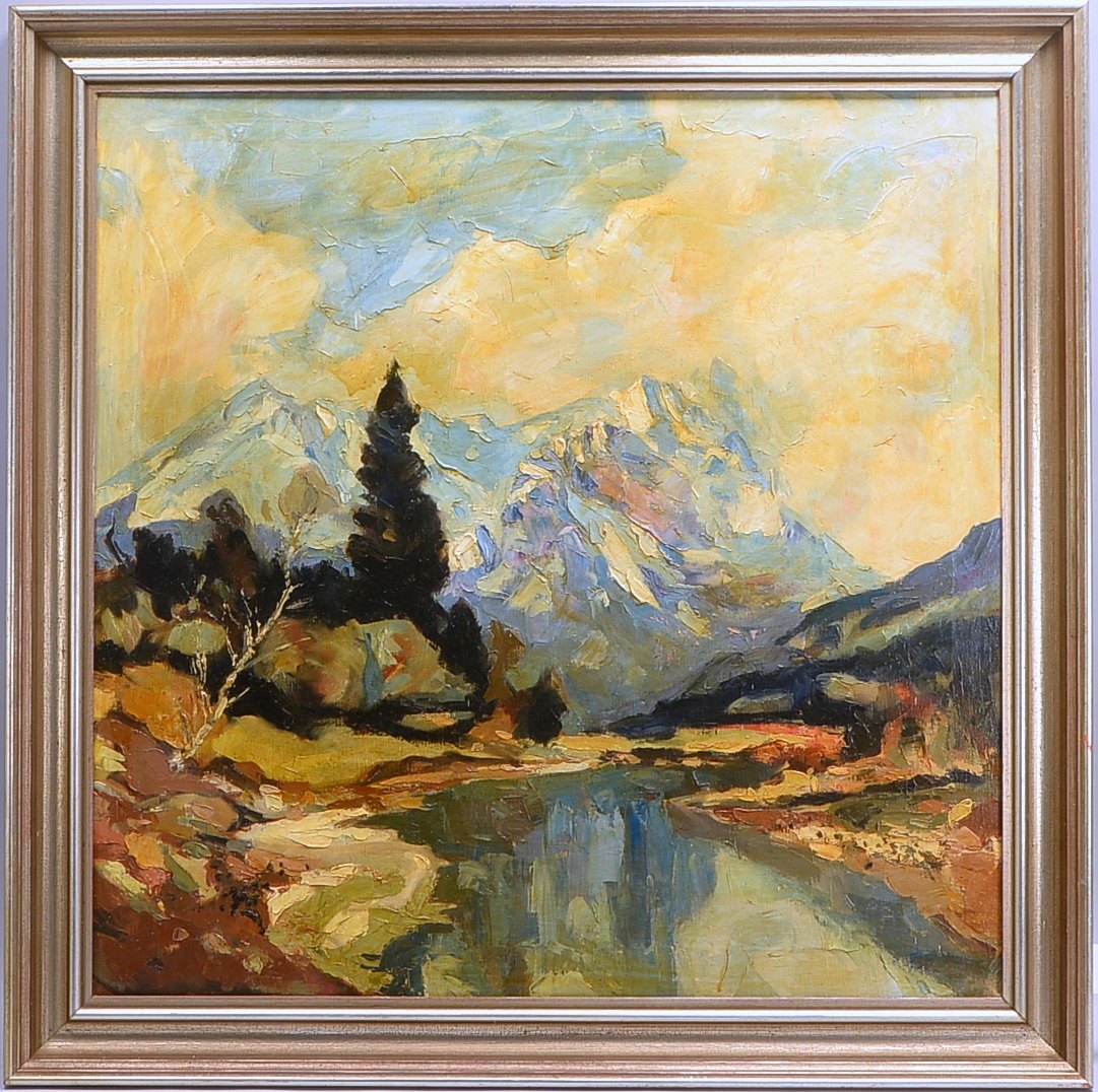 Gemälde, 'Gebirgskette', Öl/Lw, unsign.; Rahmenmaße 87,5 x 87,5 cm (reinigungsbed.)