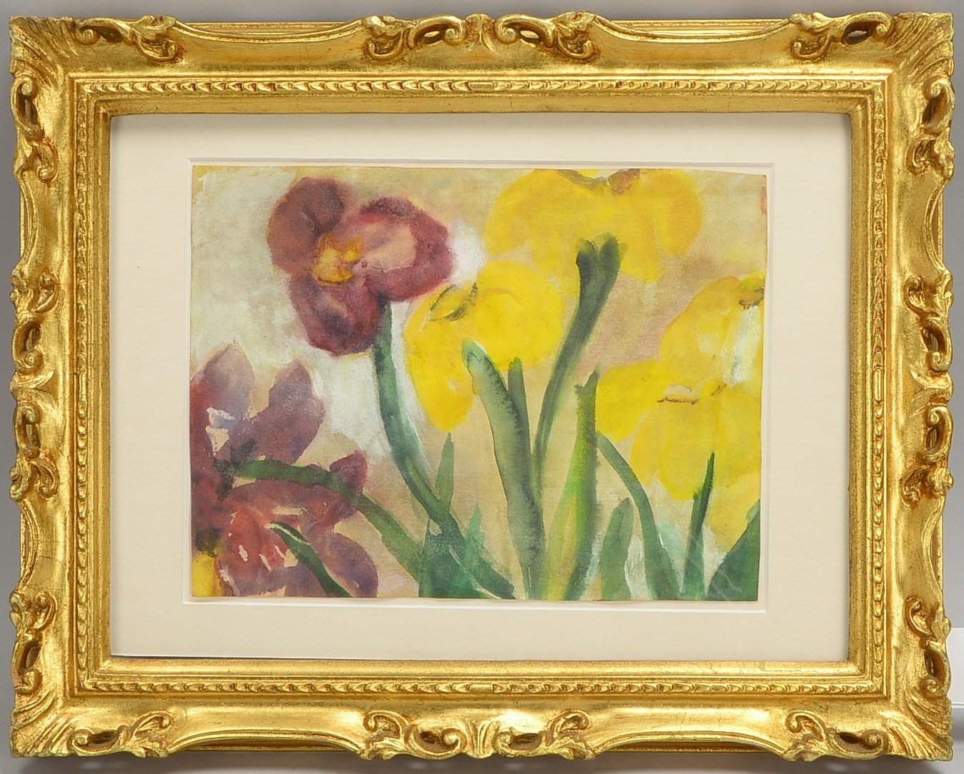 Aquarell, 'Stiefmütterchen und Iris', unsign., hinter Glas; Blattmaße 23 x 30 cm