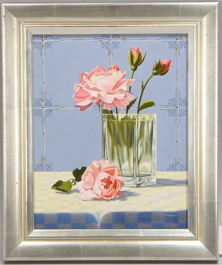 Smelt, R., 'Blumenvase vor Wandfliesen', Öl/Platte, sign.; Rahmenmaße 38 x 32 cm