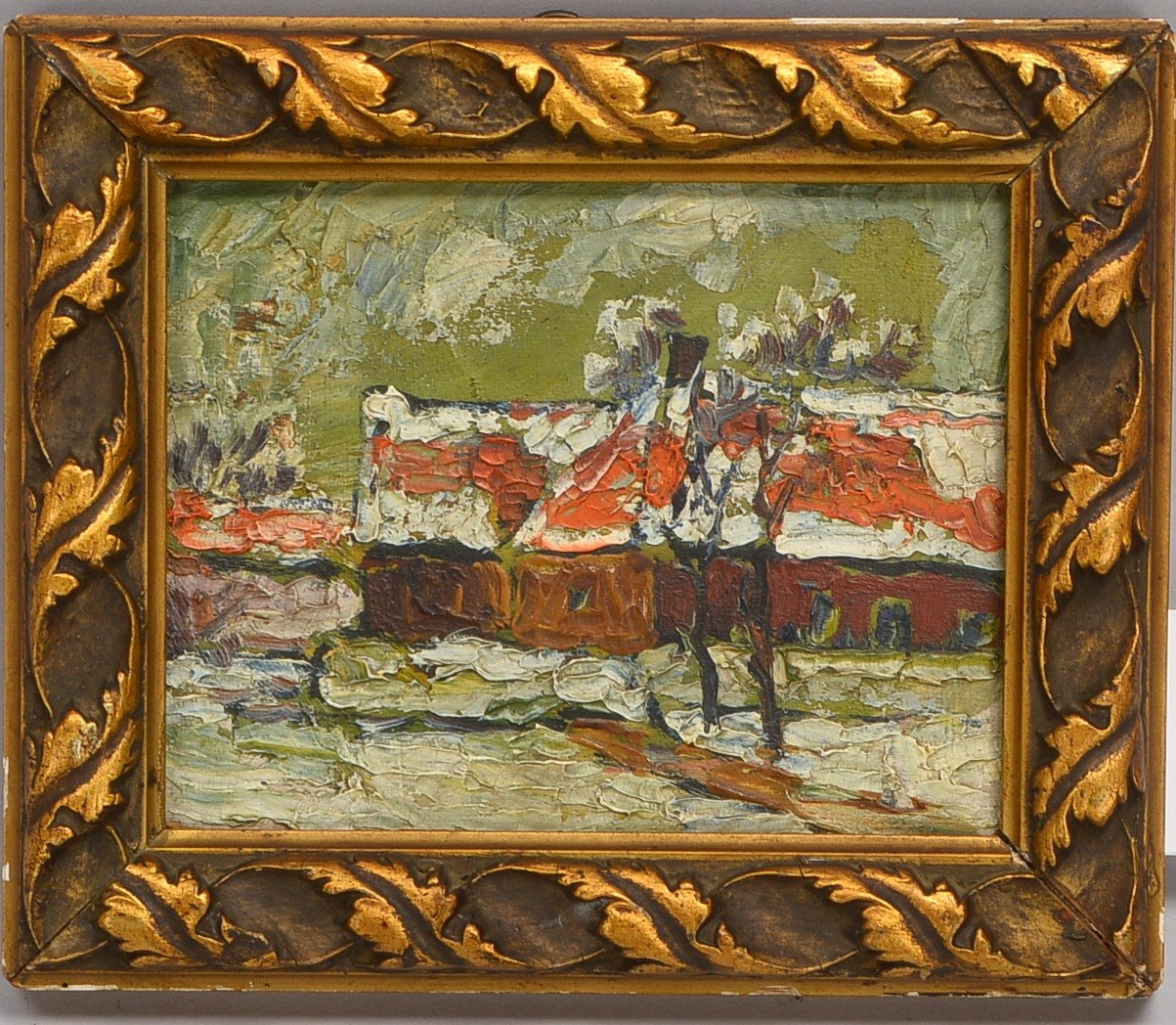 Gemälde, 'Gehöft im Winter', Öl auf Holz/ger., unsign., verso bez.; Bildmaße 11 x 14 cm