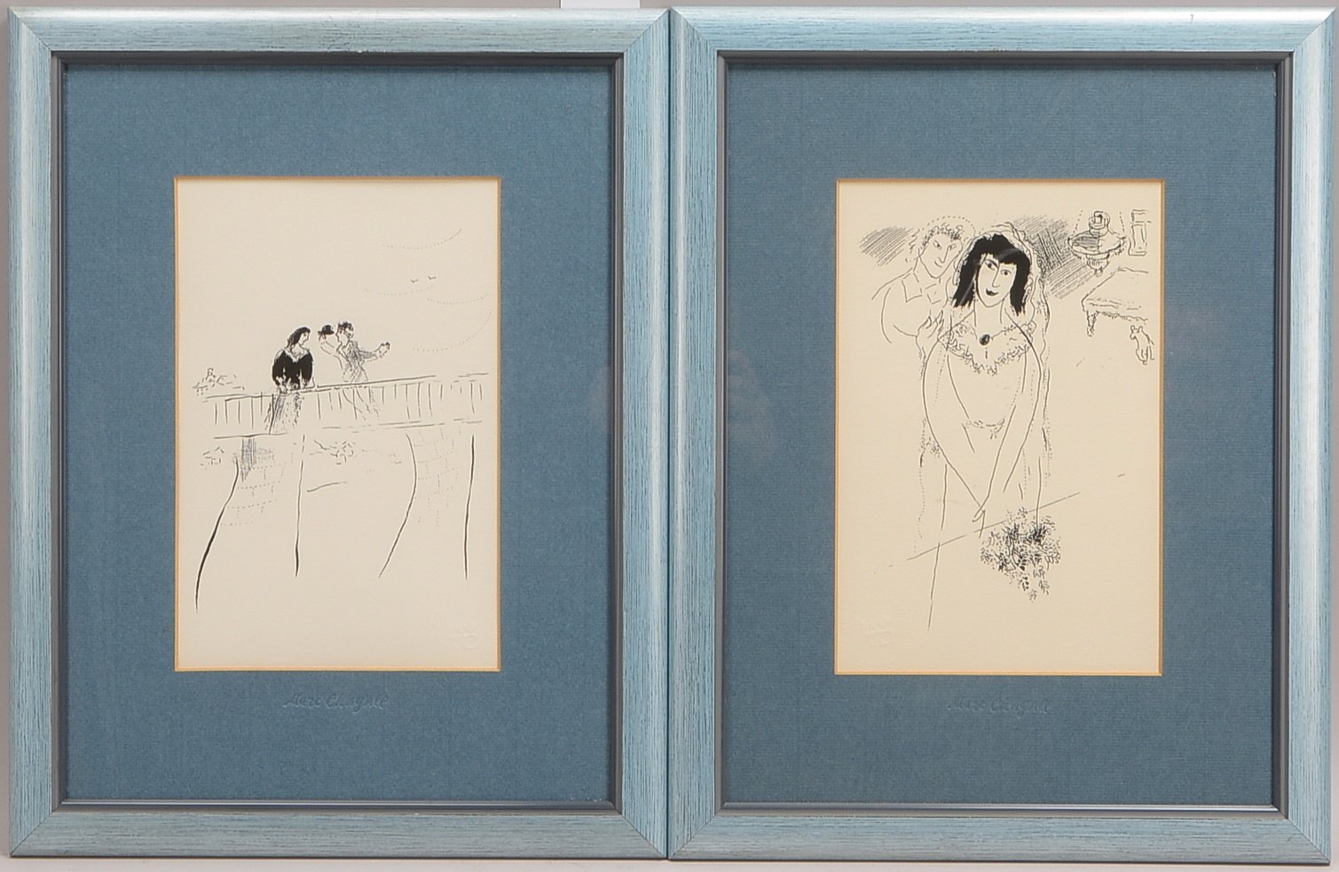 Chagall, Marc (1887 - 1985), 2 Druckgrafiken, 'Hochzeitspaare', hinter Glas gerahmt