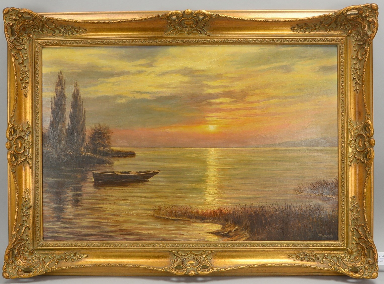 Bloch, F., 'Romant. Seenlandschaft im Abendlicht', Öl/Lw, sign.; Rahmenmaße 79 x 109 cm