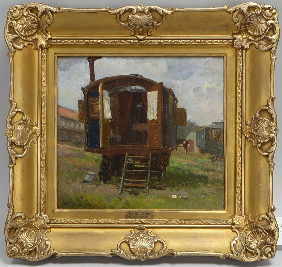 Stahlschmidt, Max, 'Lager mit Zirkuswagen...', Öl/Mk, sign.; Rahmenmaße 38 x 40 cm