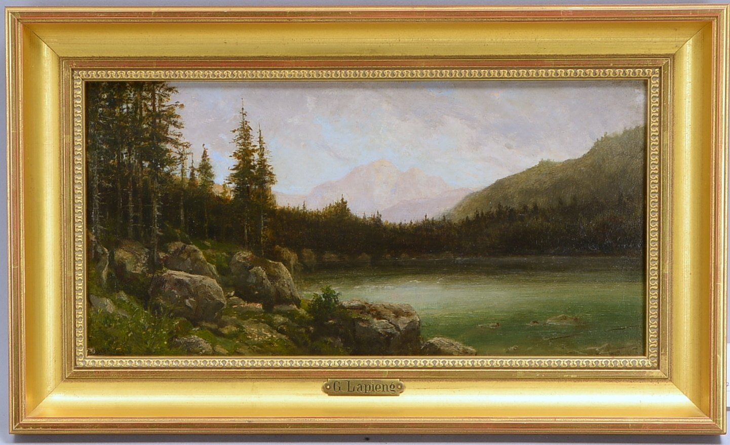 Lapieng, G., 'Romant. Seenlandschaft', Öl/Holz, sign.; Rahmenmaße 26,5 x 44,5 cm