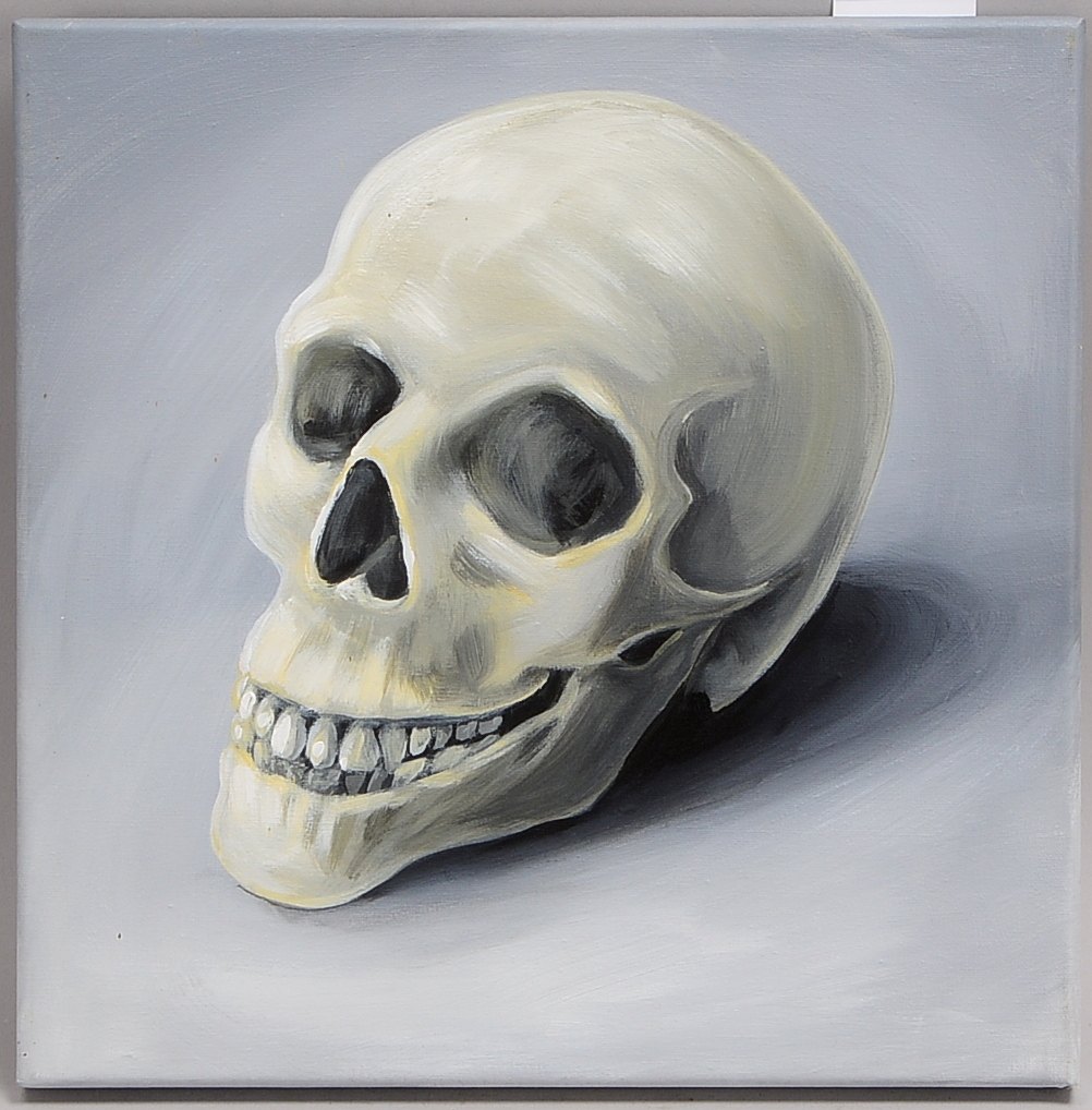 Multimoni, 'Schädel', Acryl/Lw, verso sign./dat. '2006'; Bildmaße 30 x 30 cm