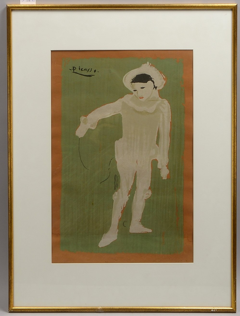 Farblinolschnitt nach Pablo Picasso, 'Le petit Pierrot', hinter Glas; Rahmenmaße 80 x 60 cm