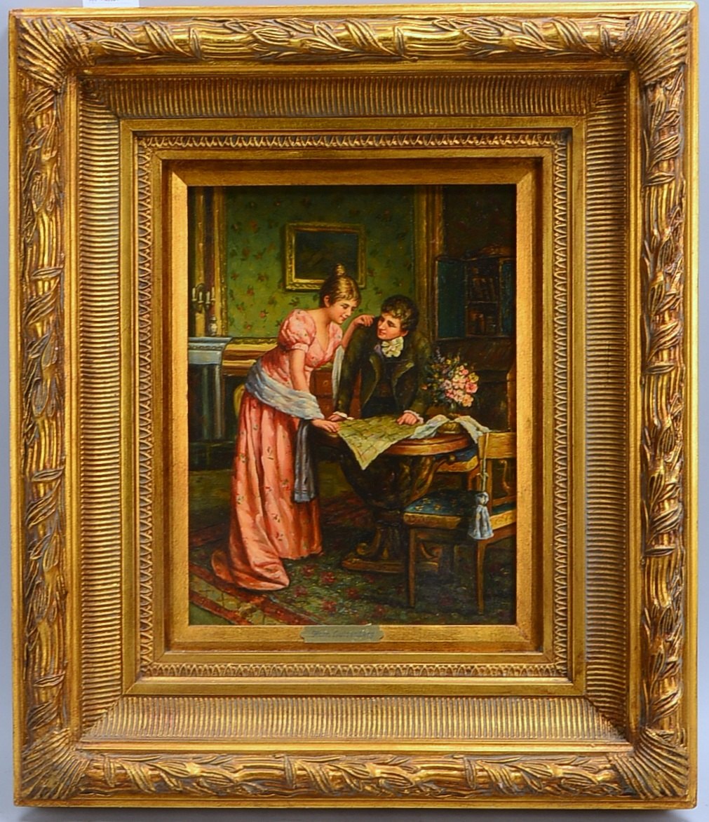 Gemälde, 'Bei der Lektüre', Öl auf Holz, sign., im Prunkrahmen; Rahmenmaße 70 x 60 cm