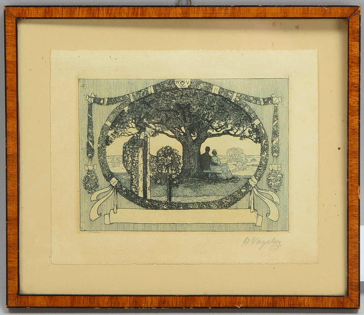Vogeler, H., 'Tod bricht Rose', Rad. in Grün, i.d. Platte sign./monogr., bleisign., hinter Glas