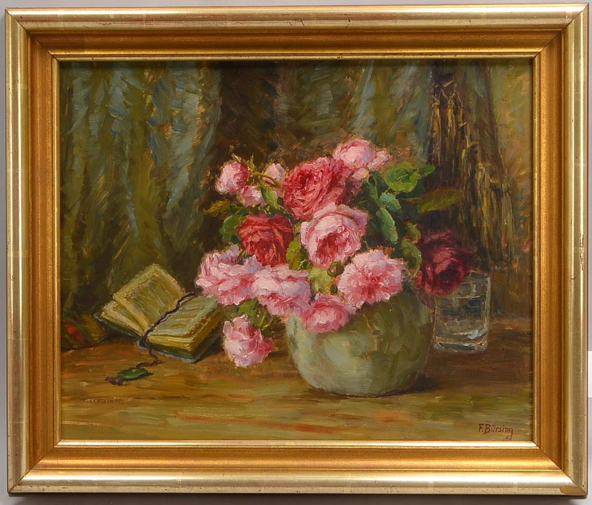 Bürsing, Frieda, 'Rosen in Vase', Öl auf Holz, sign.; Rahmenmaße 54 x 64 cm