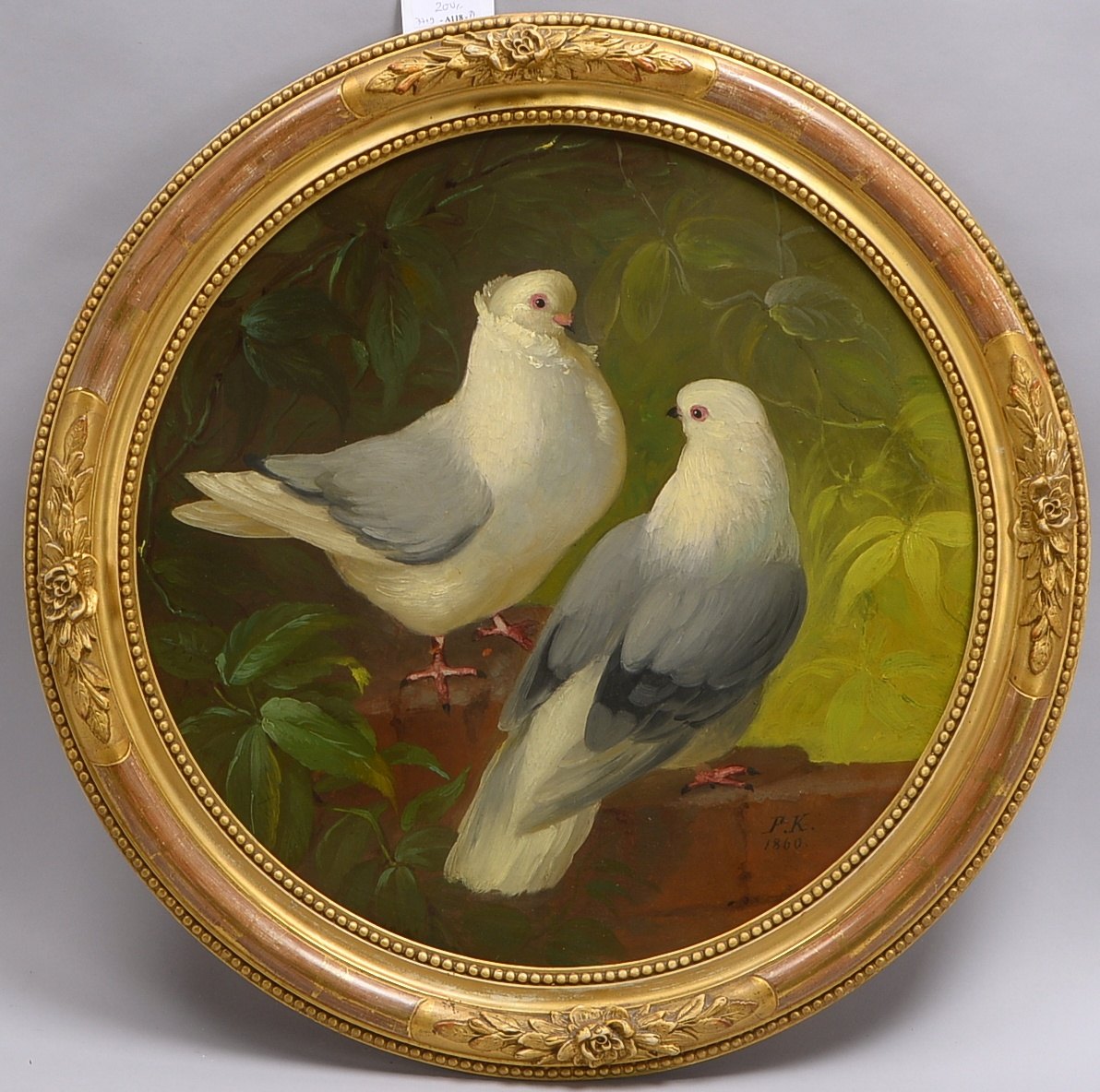 Monogrammist P.K., 'Taubenpaar', Öl auf Mk/gerahmt, monogr./dat.; Ø 58 cm