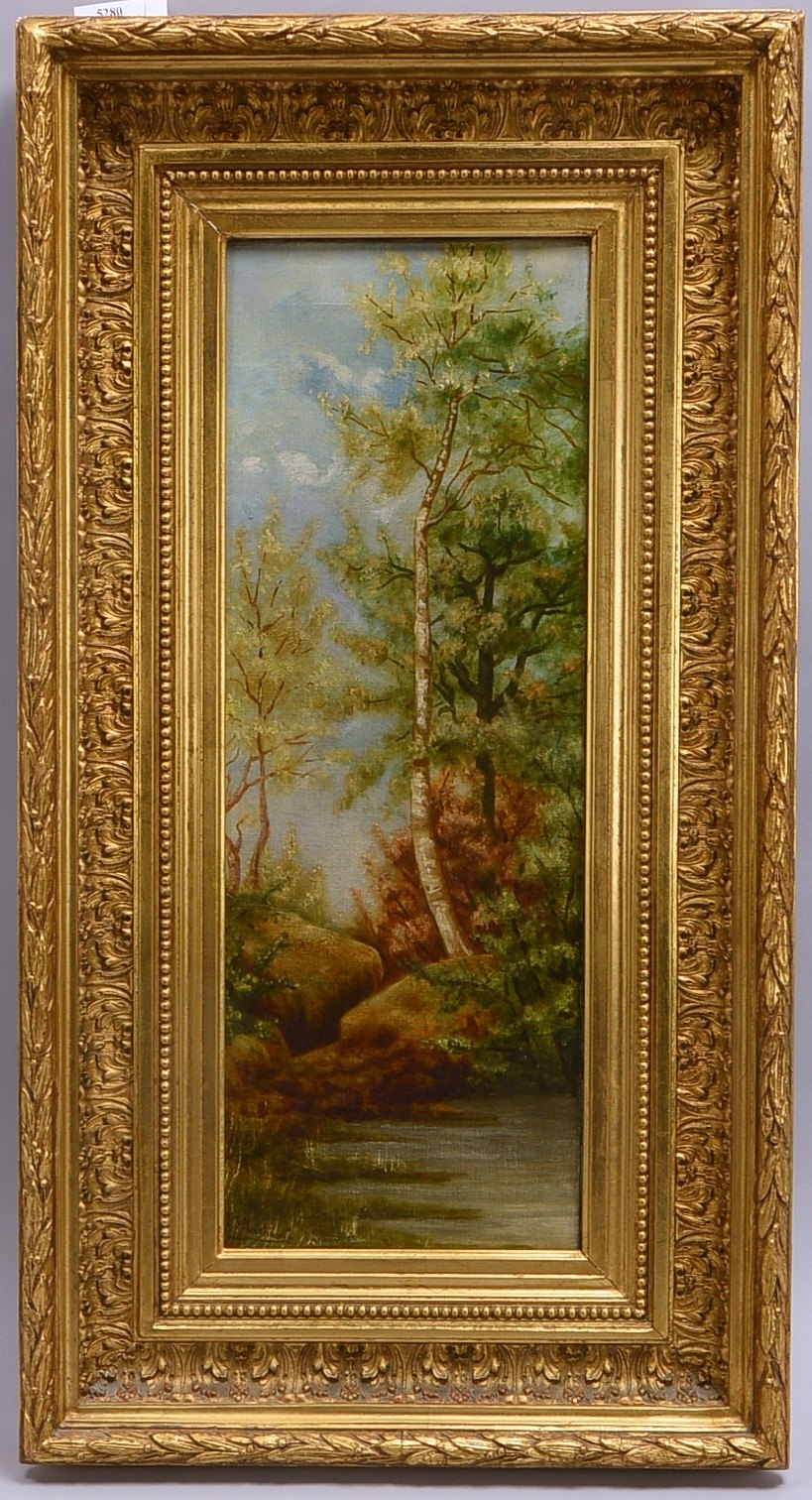Gemälde, 'Waldbach', Öl/Lw (nicht eindeutig leserlich) sign.; Rahmenmaße 77 x 41 cm