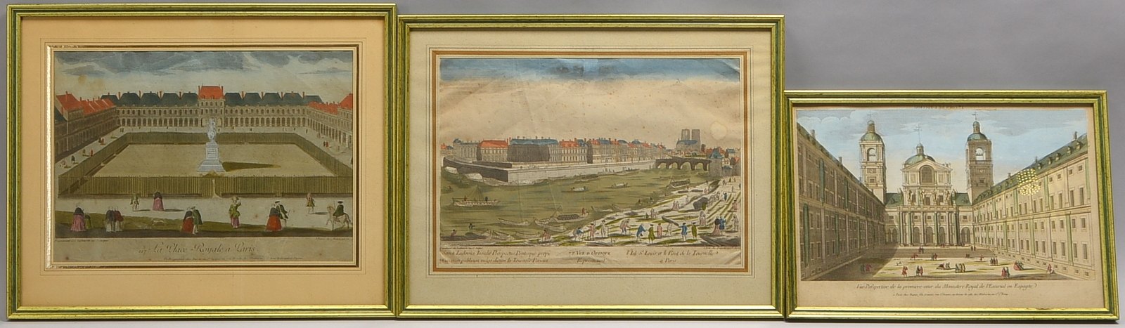 3 'Guckkasten-Motive' (Paris/Spanien), handkol. Stiche, jeweils hinter Glas; versch. Maße
