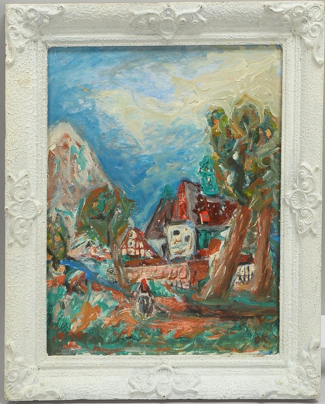 Monogrammist OK, 'Dorf mit Bäuerin', Öl auf Mp/ger., monogr.; Bildmaße 39,8 x 30 cm