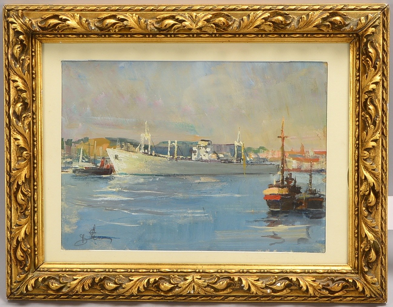 Suchanek, A., 'Hafenansicht', Gouache/Mp, sign., hinter Glas; Rahmenmaße 35,5 x 45,5 cm