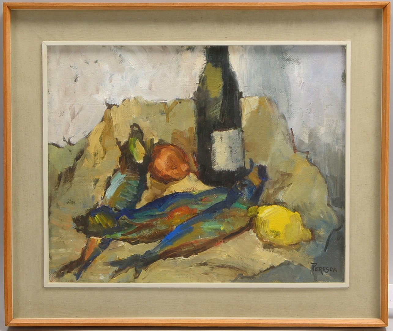 Pieresca, Igino, 'Tischstillleben mit Fisch und Wein', Öl/Hf, sign.; Rahmenmaße 53 x 63 cm