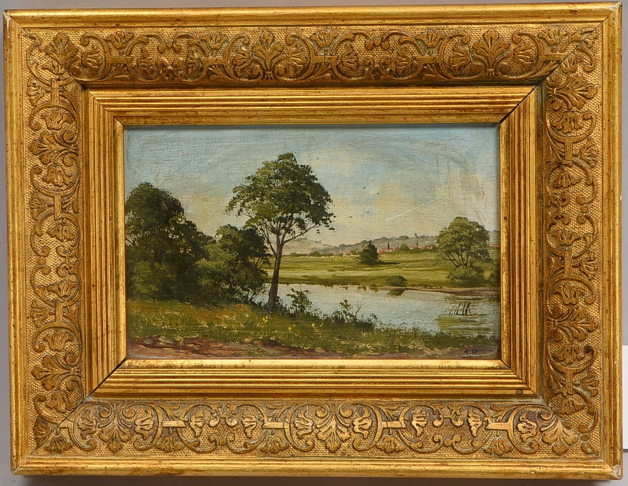 Gemälde, 'Landschaft am Fluss', Öl auf Holz/ger., monogr.; Bildmaße 11,5 x 18,5 cm