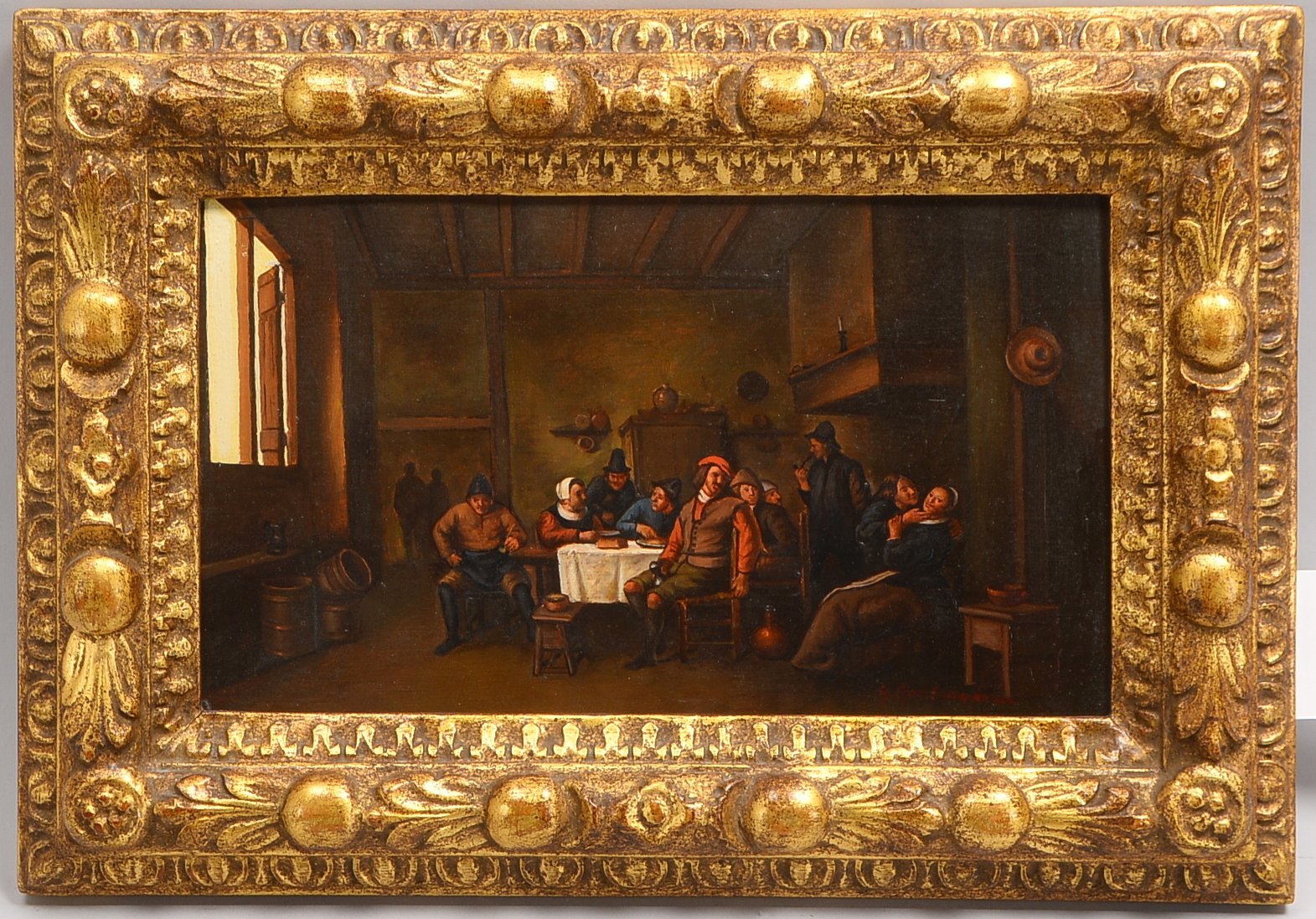 Gemälde, 'Wirtshausszene', Öl auf Holz/ger., (unles.) signiert; Bildmaße 18 x 31 cm