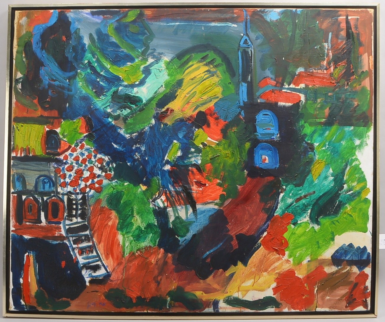 Gemälde, 'Expressionist. Stadtansicht', Acryl/Lw, sign./dat.; Rahmenmaße 102 x 120 cm