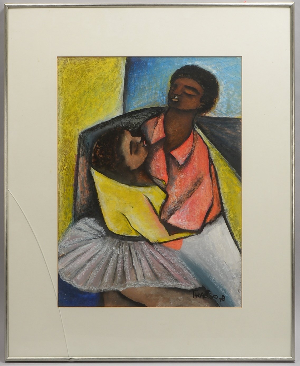 Thabiso, 'Tanzpaar', Mischtechnik, sign./dat., hinter Glas; Rahmenmaße 80 x 65 cm