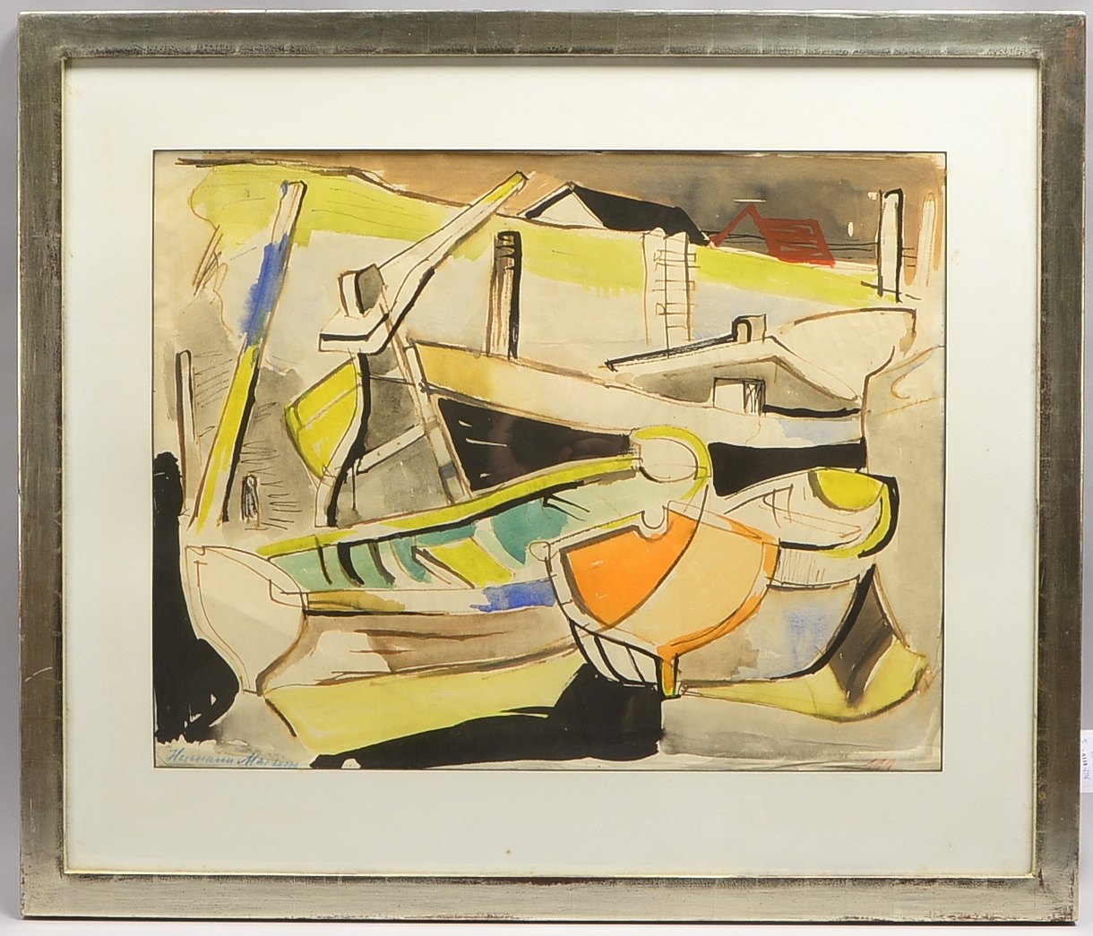 Martens, H., 'Boote', aquarell. Zeichnung, sign., hinter Glas; Rahmenmaße 69 x 82 cm