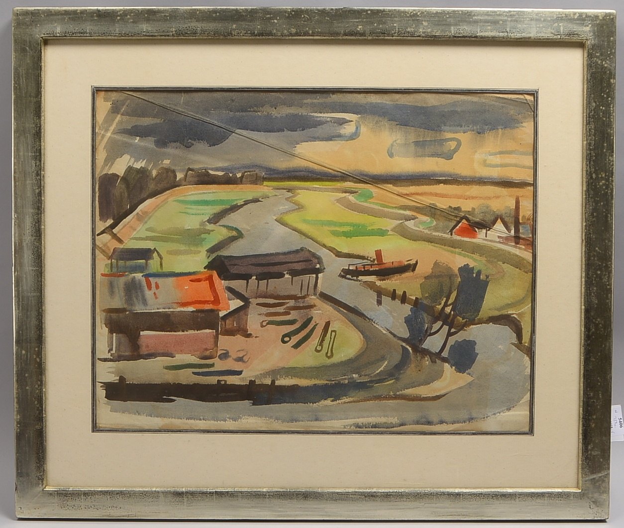 Martens, H., 'Flusslandschaft...', Aquarell, unsigniert, hinter Glas; Rahmenmaße 69 x 82 cm