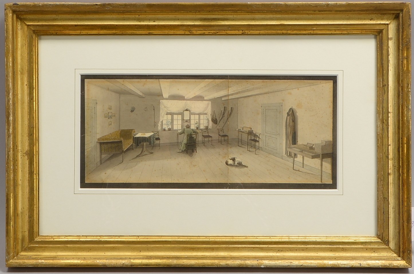 Zeichnung, 'Interieur...', aquarelliert, unsign., hinter Glas ; Rahmenmaße 38 x 58 cm