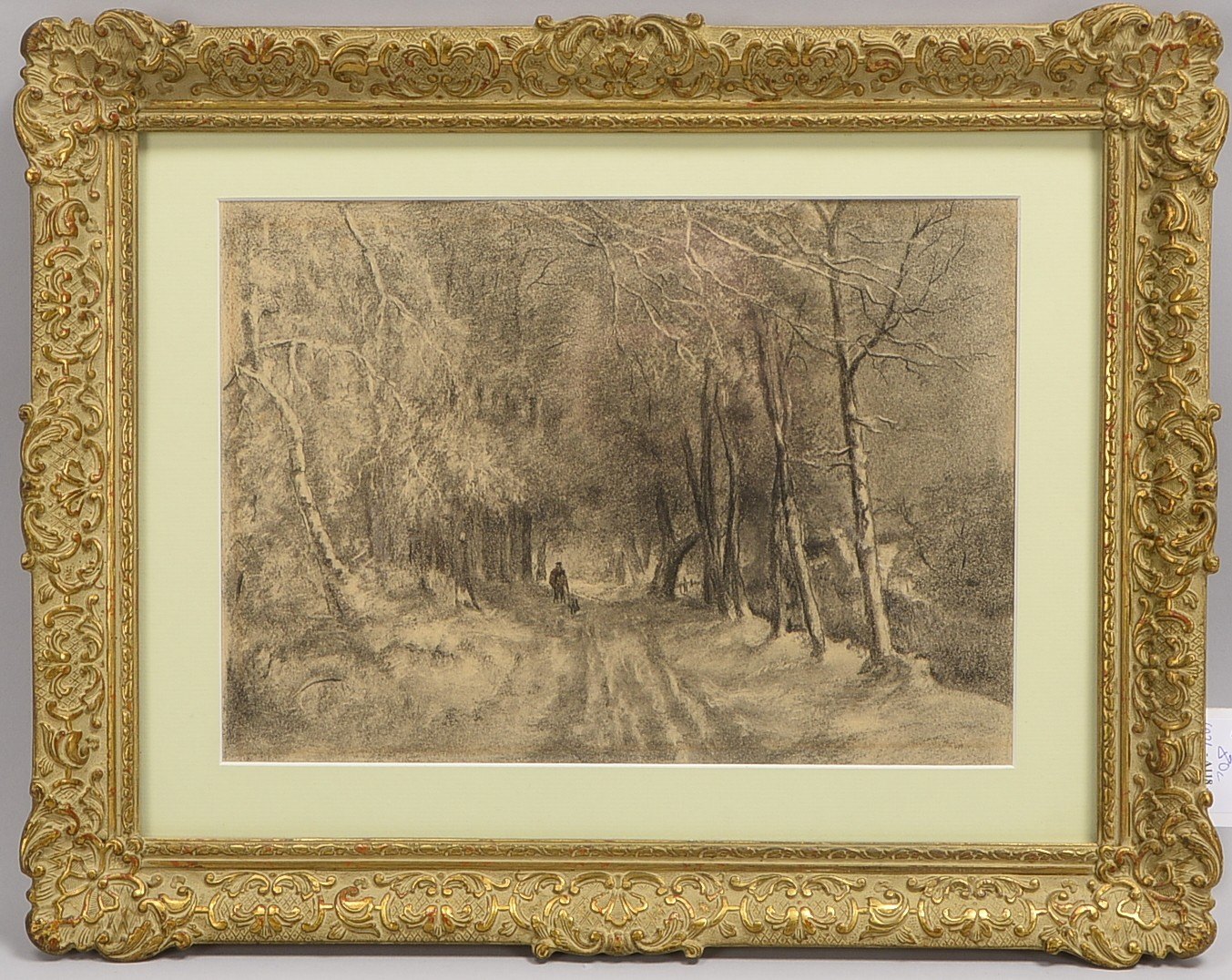 Bleistiftzeichn., 'Jäger im Winterwald', unsign., hinter Glas; Rahmenmaße 38 x 47 cm