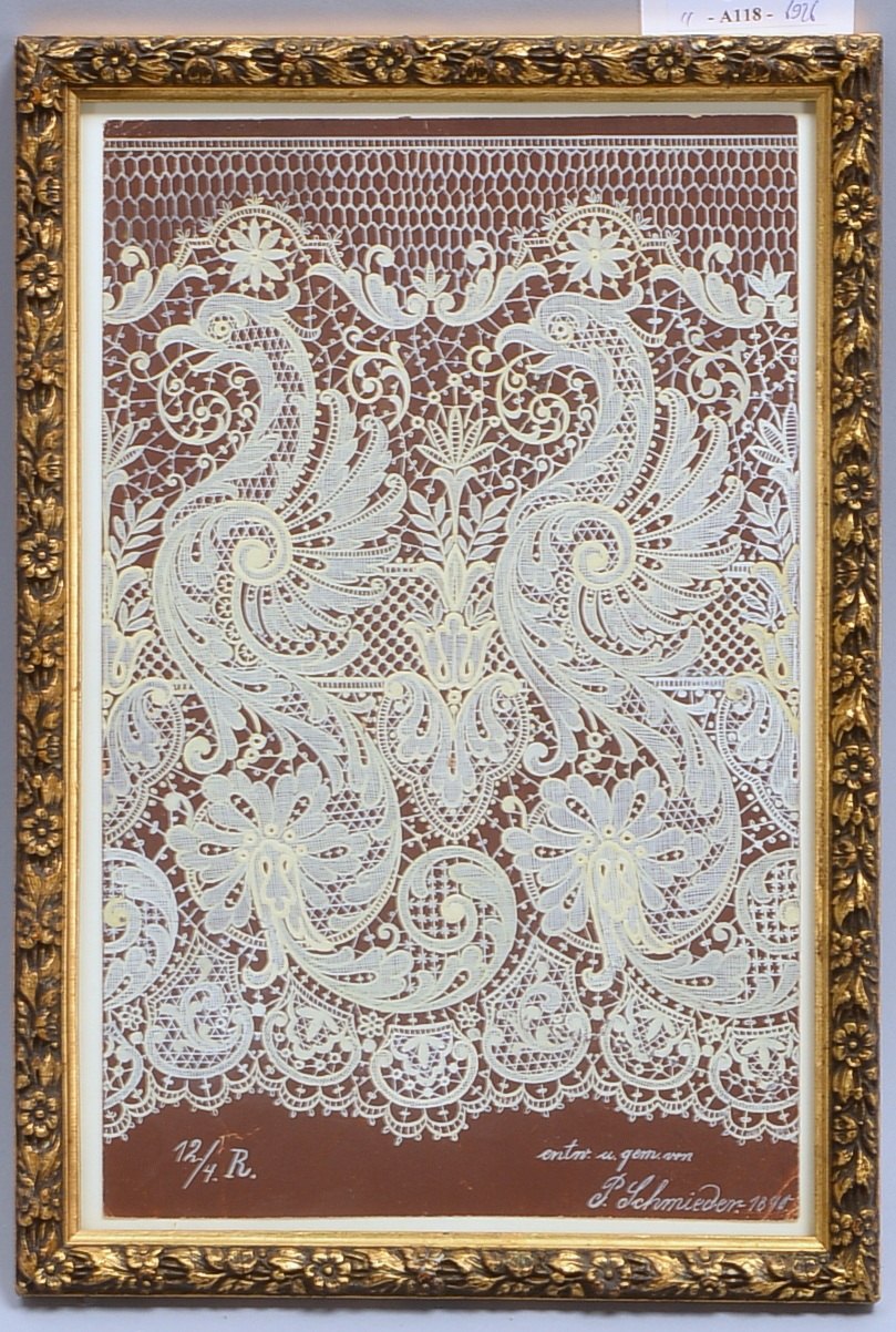 Schmiede, P., Designentwurf, 'Spitzensaum', Acryl/Papier, sign./dat. '1890', hinter Glas