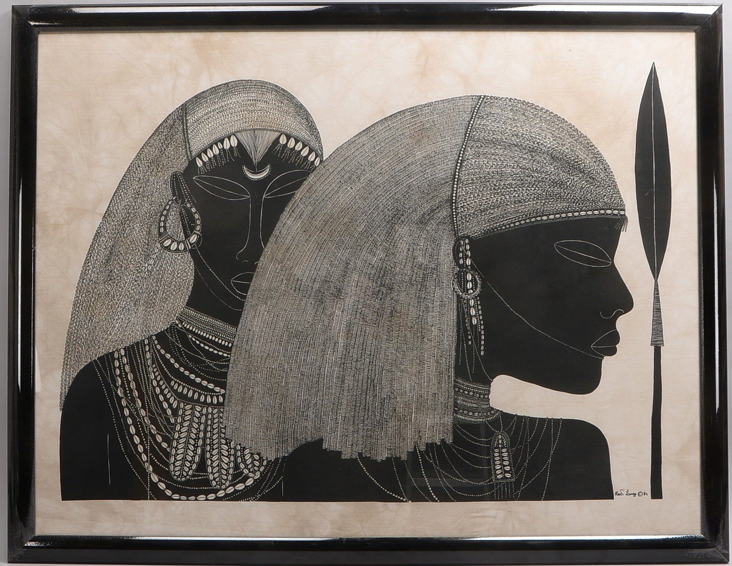 Textildruck, 'Zwei Afrikanerinnen mit Speer', Entw.: Heidi Lange (1984), hinter Glas