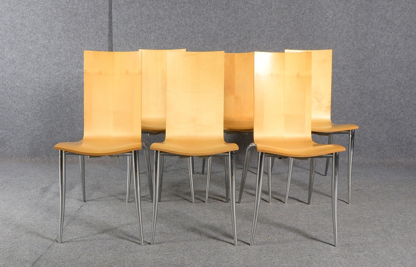 Driade, 6 Stühle, 'Olly Tango', verchr. Stahlrohr/helles Schichtholz, Entw. Phil. Starck