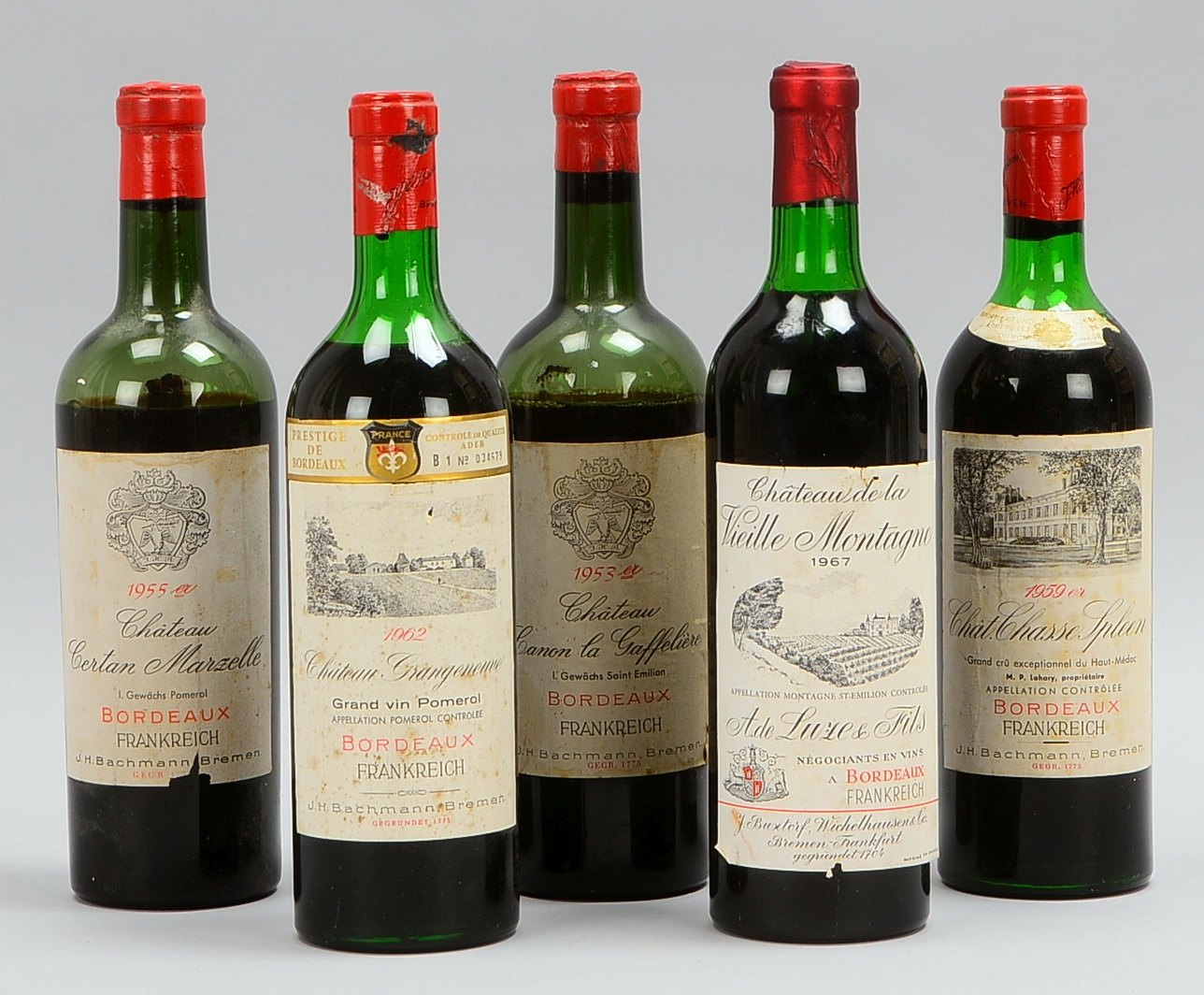 Sammler-Rotweine, alter Bordeaux, 5 Flaschen, untersch. Jg. (1955 - 1967); 0,75 l