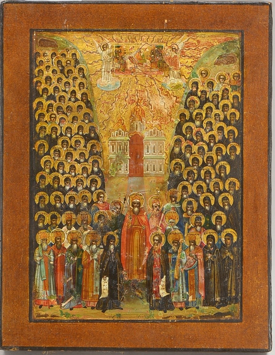 Ikone (Russland, 19. Jh.), 'Das Konzil der Hl. von Kiew', Tempera/Holz; Maße 22 x 17 cm