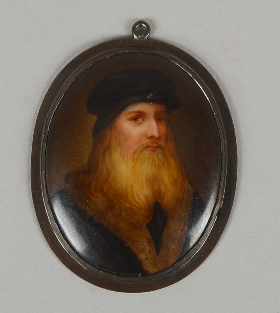 Porzellanbild/Anh., Platte in Metallfassung, feine Malerei, 'Portrait Leonardo da Vinci'