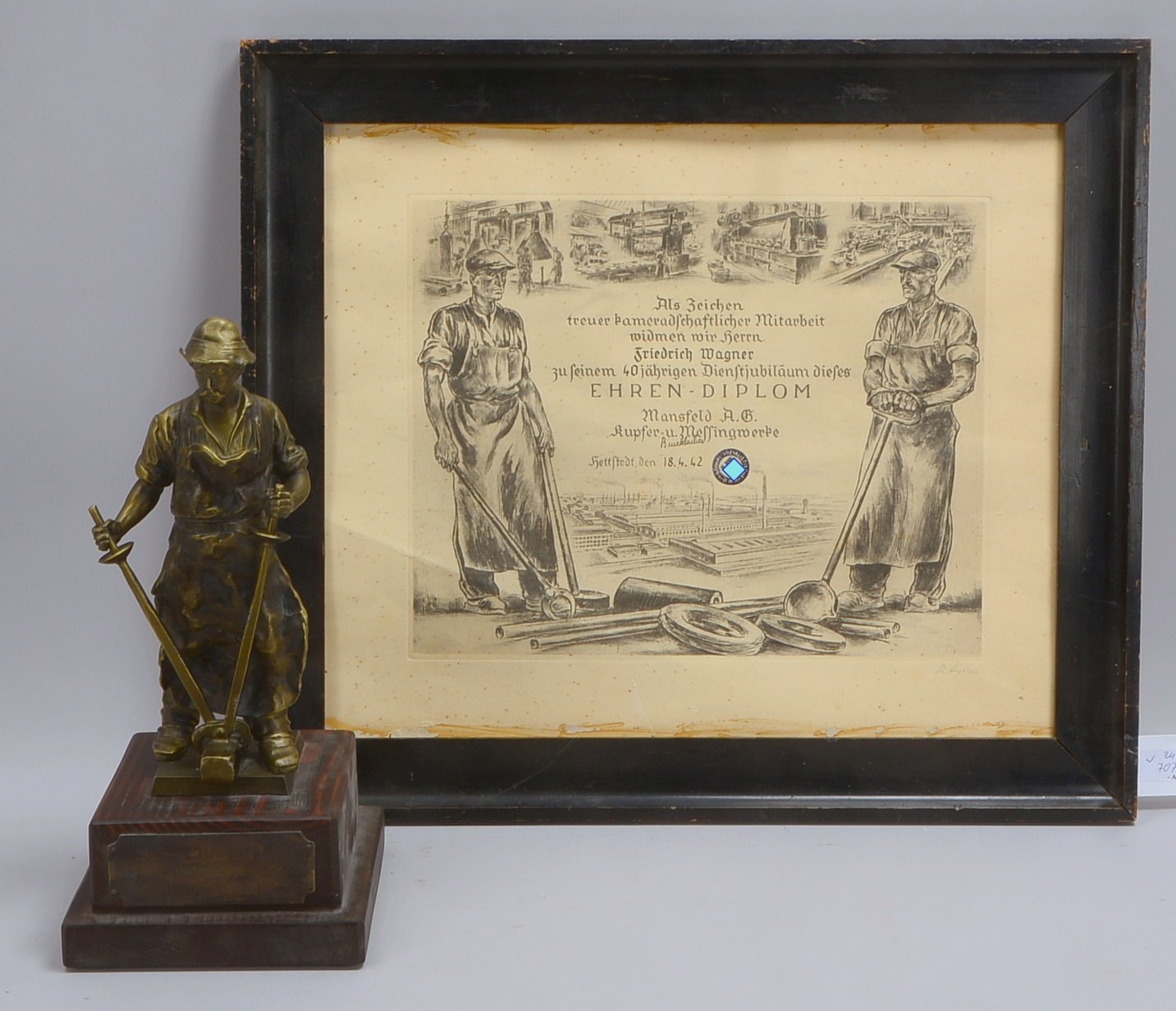 Ehrenskulptur (III. Reich), Weißmetall, 'Metallarbeiter', bez. 'Die deutsche Arbeitsfront'
