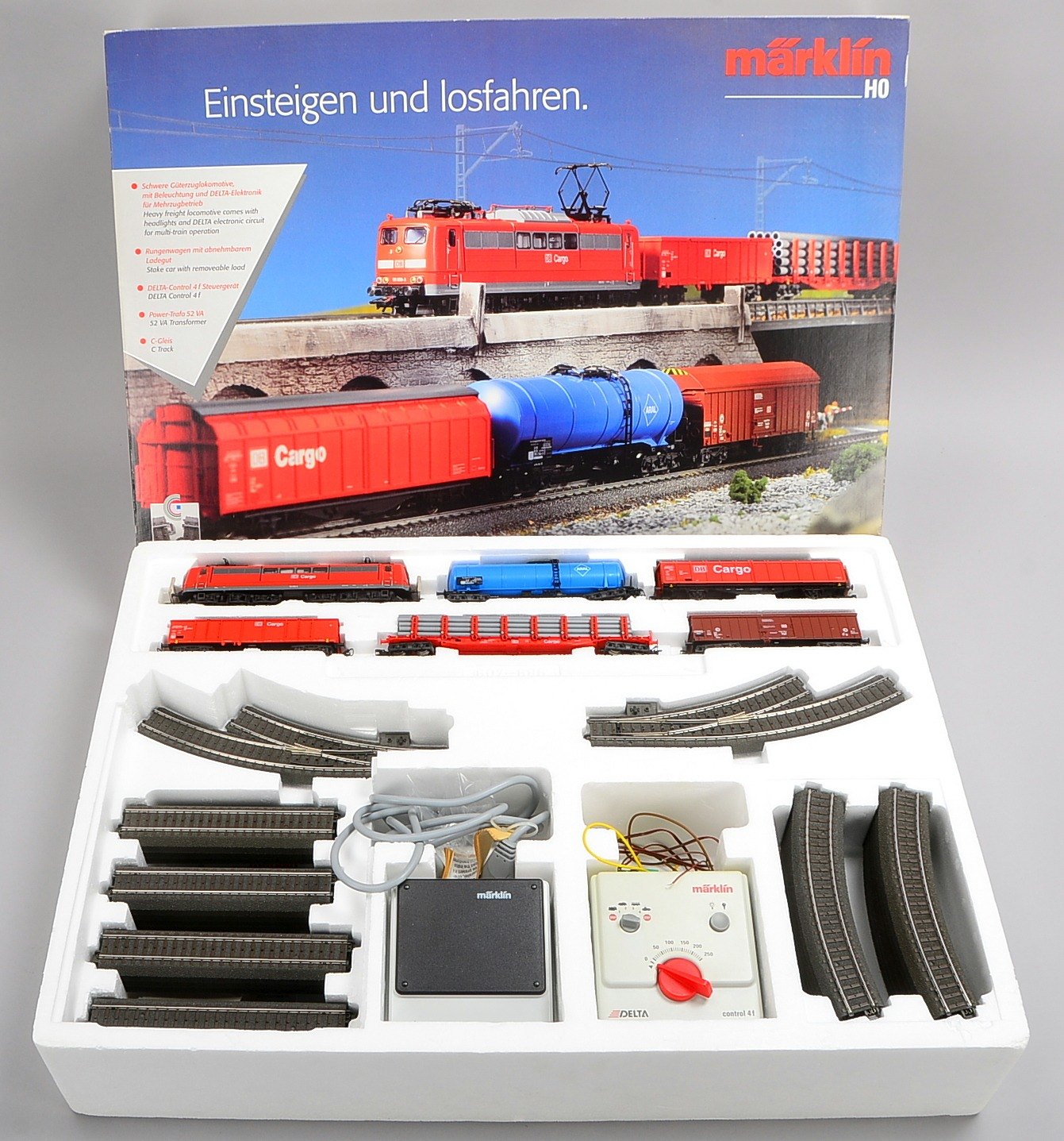 Märklin 'H0', Nr. '29646': Güterzug-Lok, Rungenwagen, Trafo, Delta-Control, Gleise