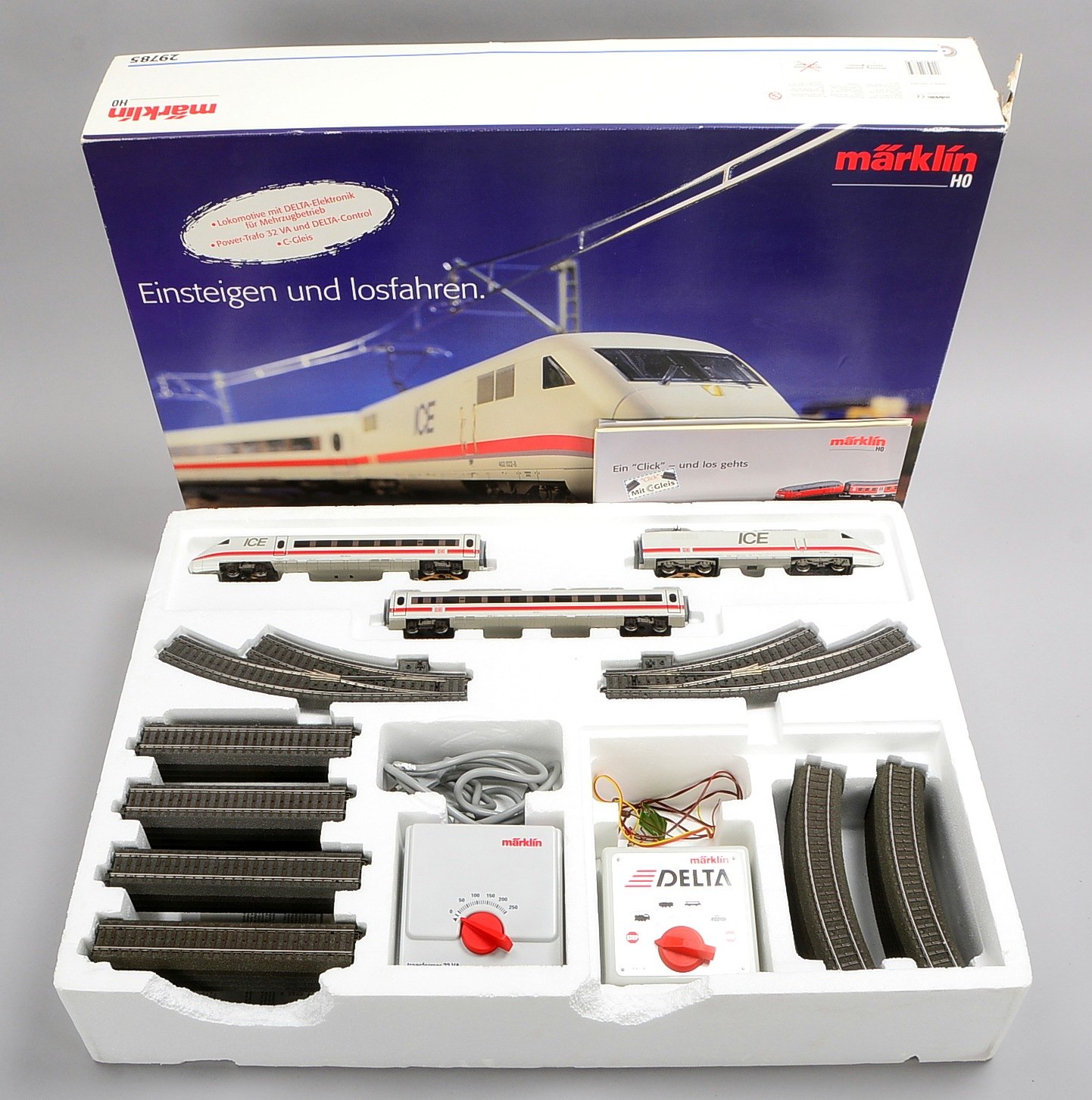 Märklin 'H0', Nr. '29785': Lok für Mehrzugbetrieb, Trafo, Delta-Control, Gleise